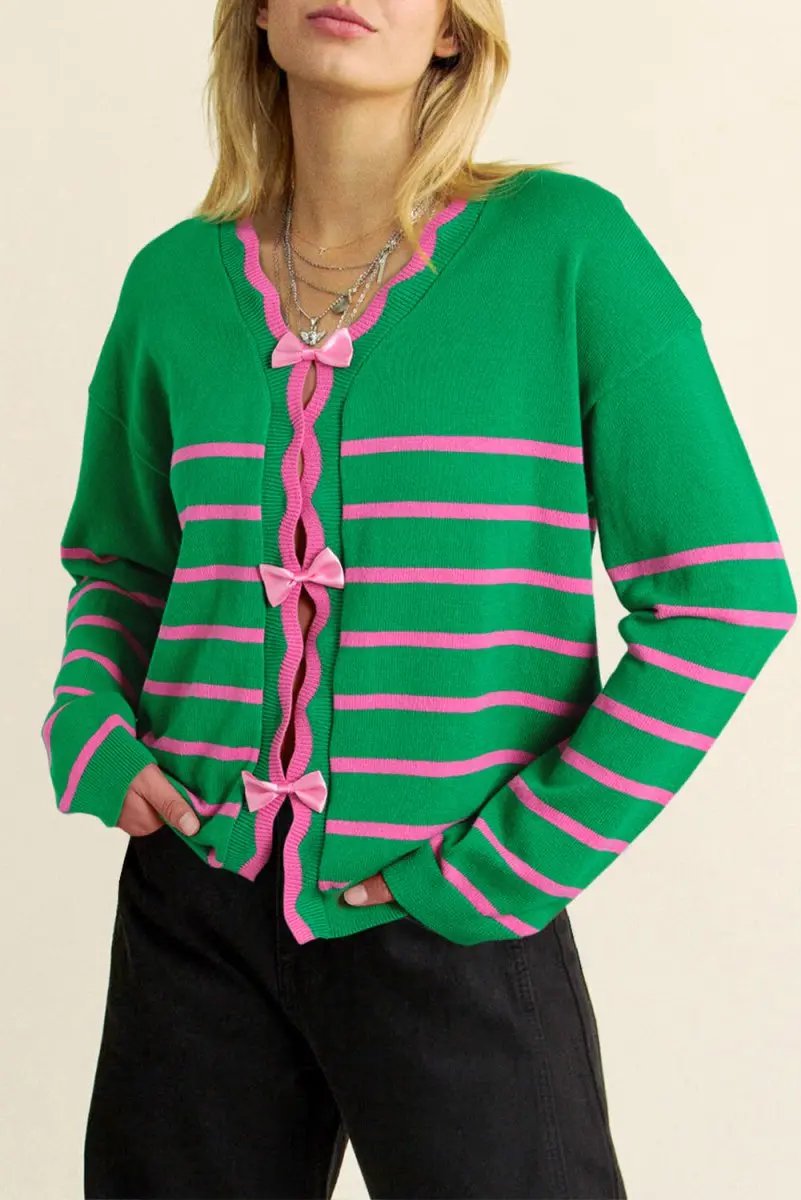 Green Stripe Ribbon Cute Bow Detail Sweater Knit Cardigan - Love Salve